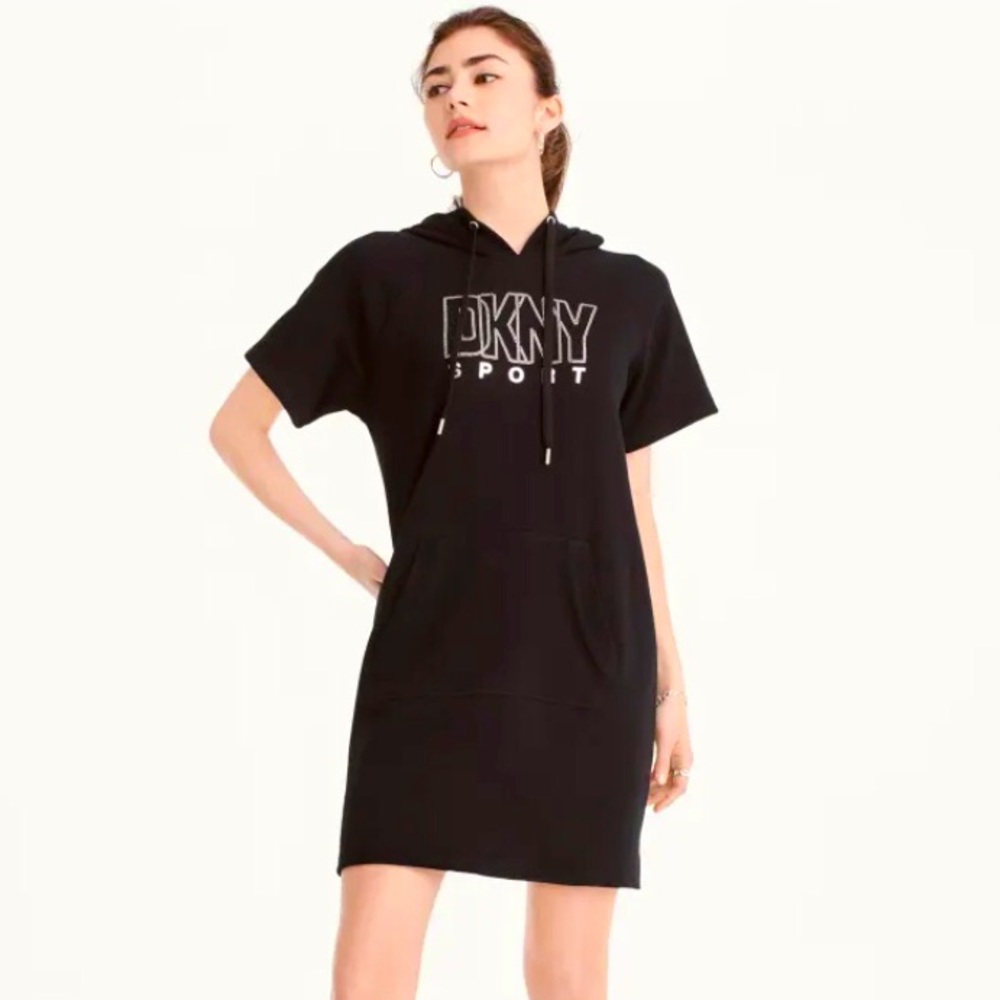 NWT! DKNY Sport Rhinestone Logo Hoodie Front Pocket Dress in Black, Small